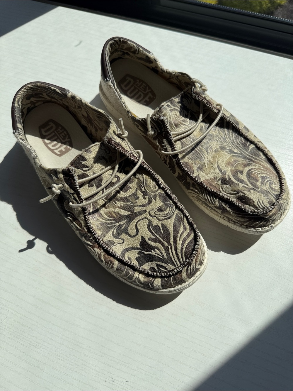 Hey Dude Floral Pattern Canvas Slip-On Loafers in Brown and Cream